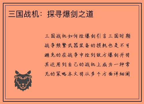 三国战机：探寻爆剑之道
